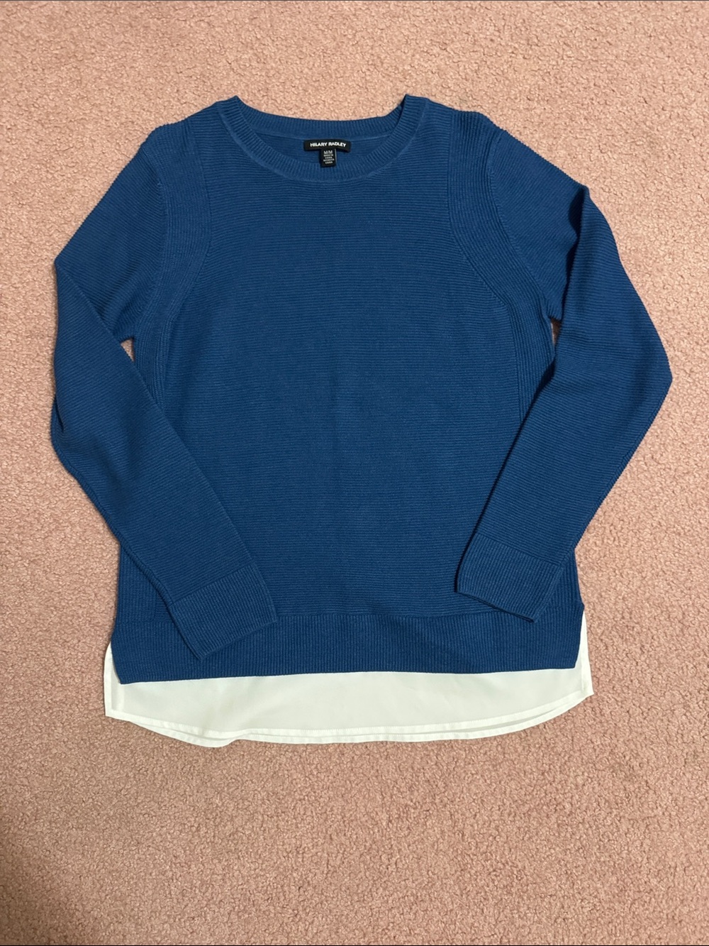 Hilary Radley Blue Crewneck Sweater with White Layered Hem